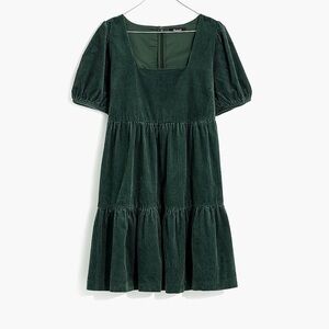 Madewell Corduroy Aidy Square-Neck Tiered Mini Dress Grern